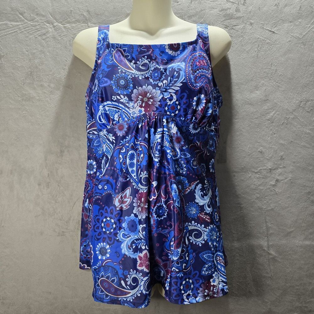 Holipick Tankini Swimsuit Top‎ Size 14W Blue Paisley Flowy Built In Bra NWT